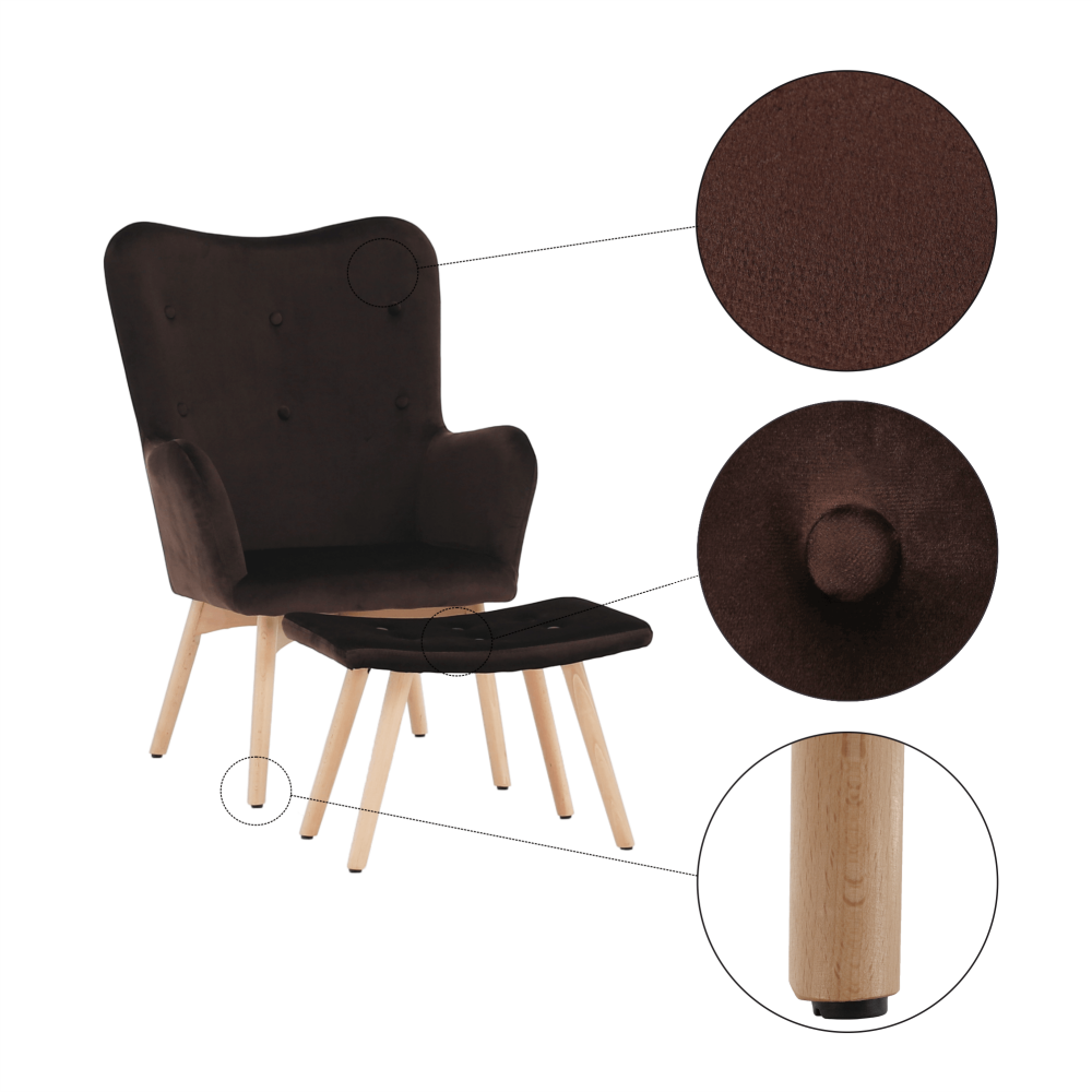 Fotoliu cu taburet, material textil de catifea ciocolatiu/fag, LAGER NEW